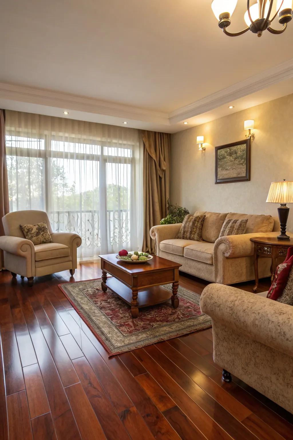 Deliberate furniture setups enhance comfort and elegance.