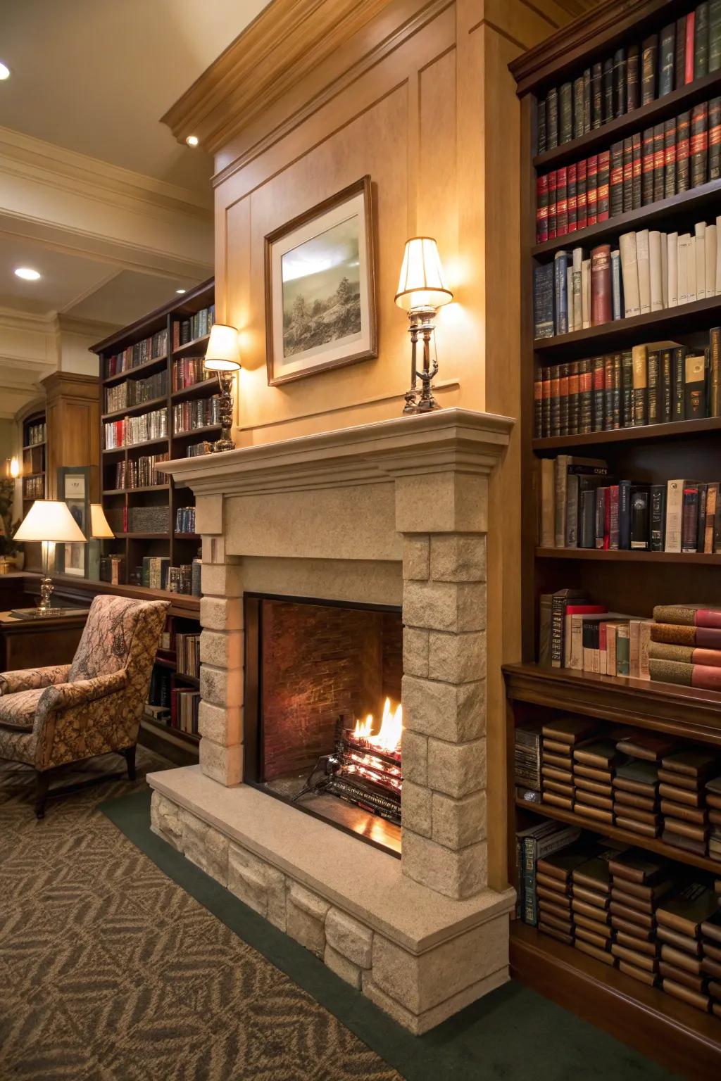 Books close to the fireplace inject a sensation of warmth and intellectual charm.