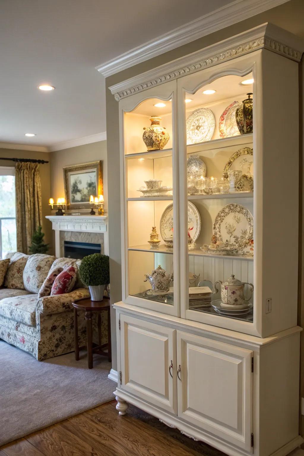 Exposed shelves inside a display hutch for display needs.