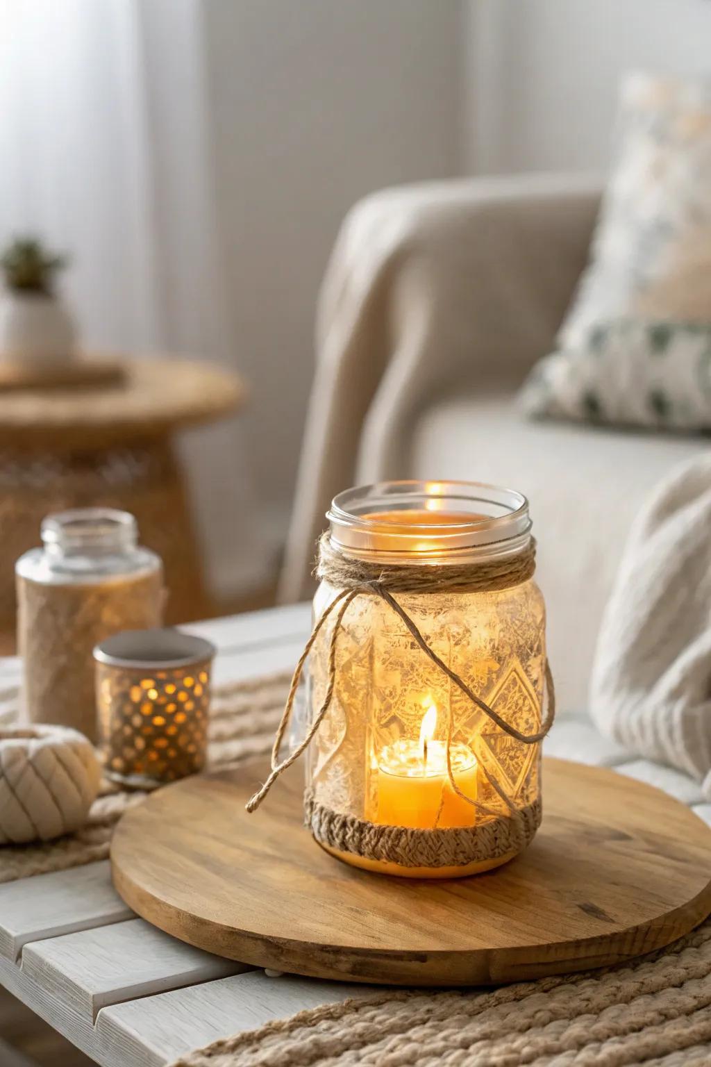 Illuminate your space with the warm, festive glow of upcycled jar lanterns. Perfect for adding a touch of handcrafted charm to your holiday decor.