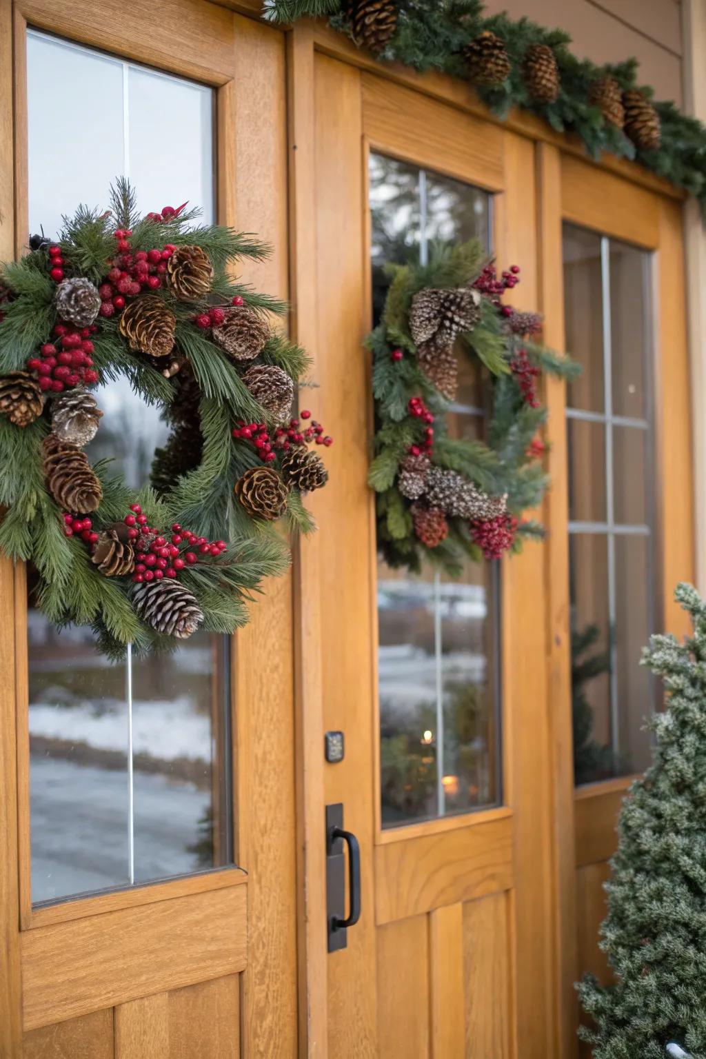 An impressive display of evergreen rings, offering a traditional holiday welcome.