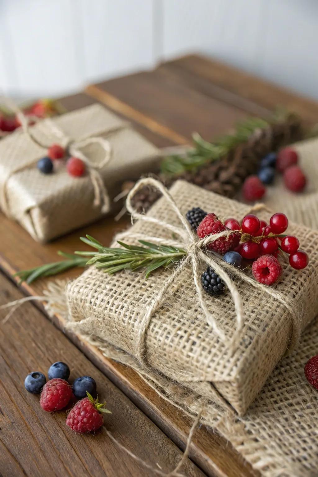 Charming countryside gift presentation with woven material and berries.