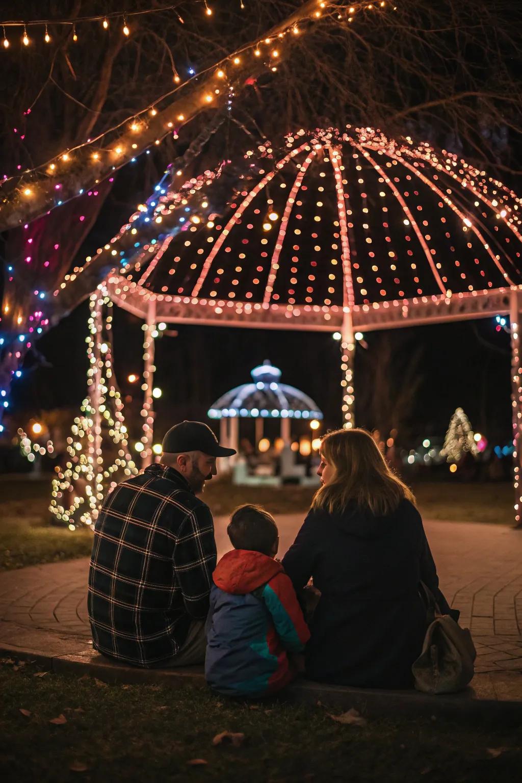 Family delighting in the radiance of holiday lights.