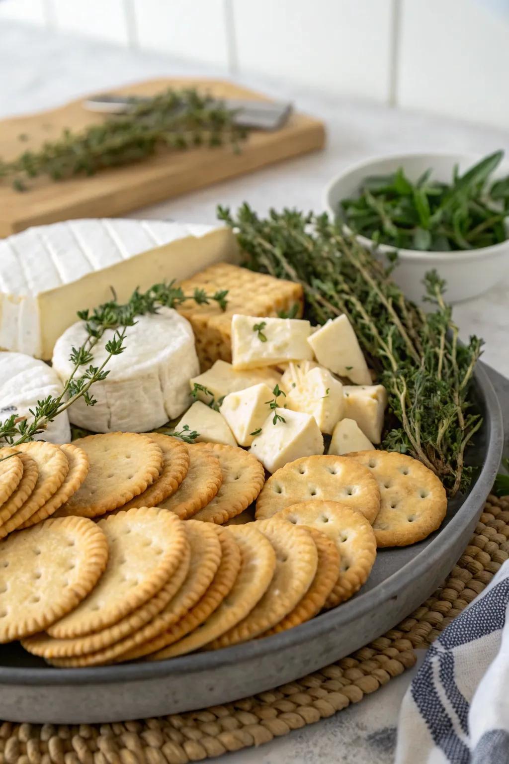 Herbed crackers paired with soft cheeses.