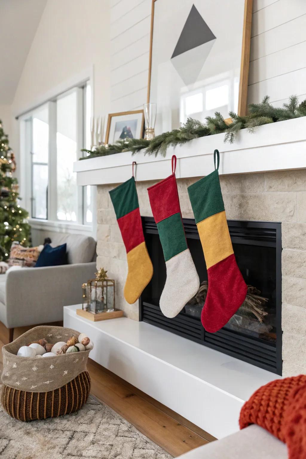 Geometric color design stockings create a daring, modern statement for the holidays.