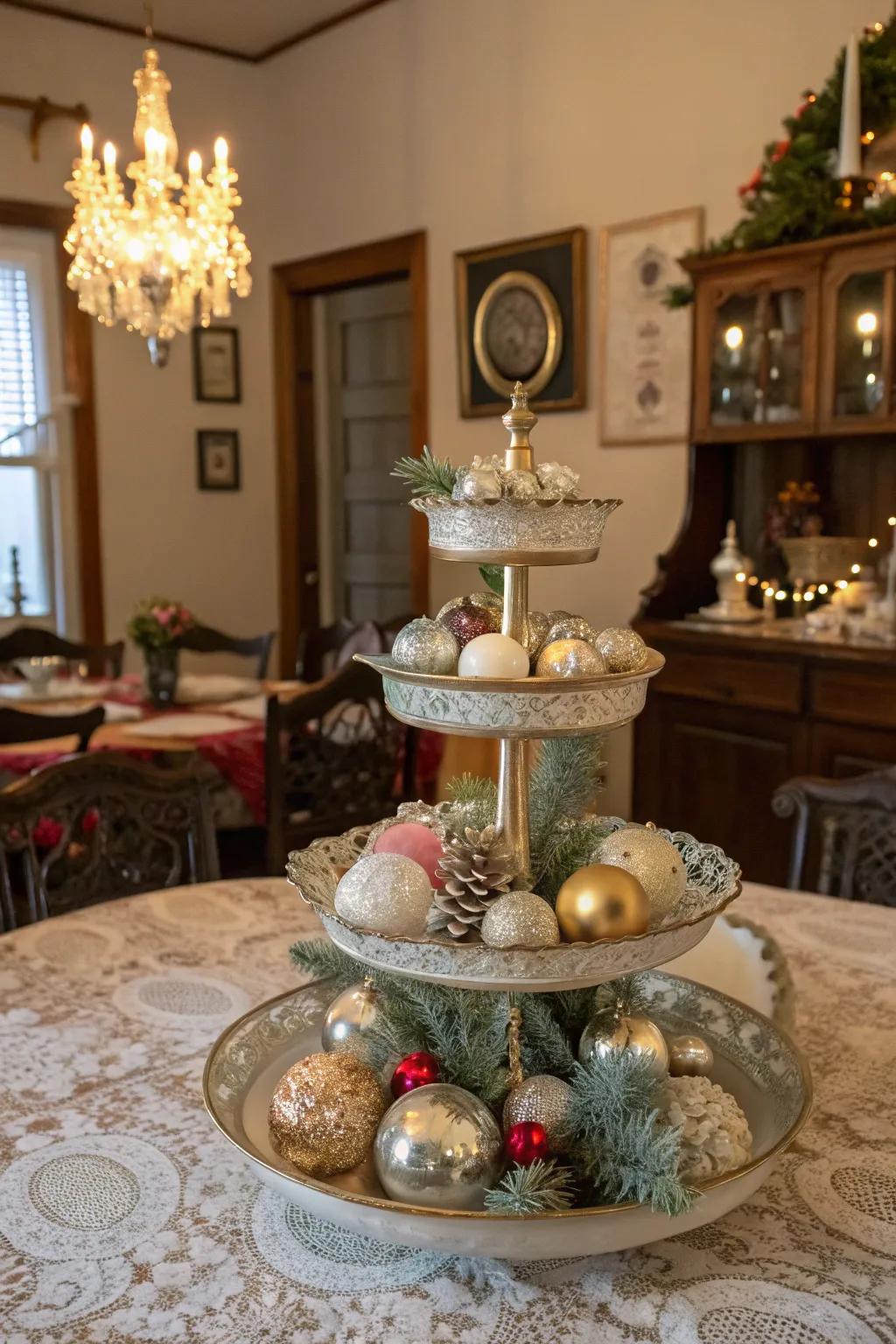 A charming past holiday display on a tiered stand.