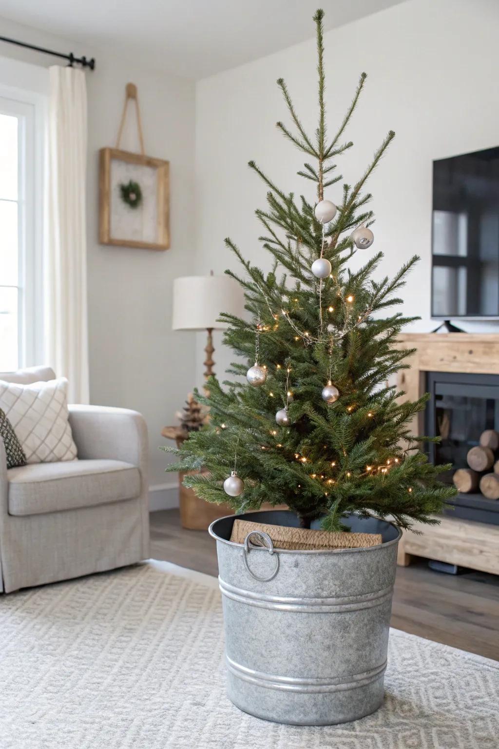A metallic pail infuses industrial chic into your tree.
