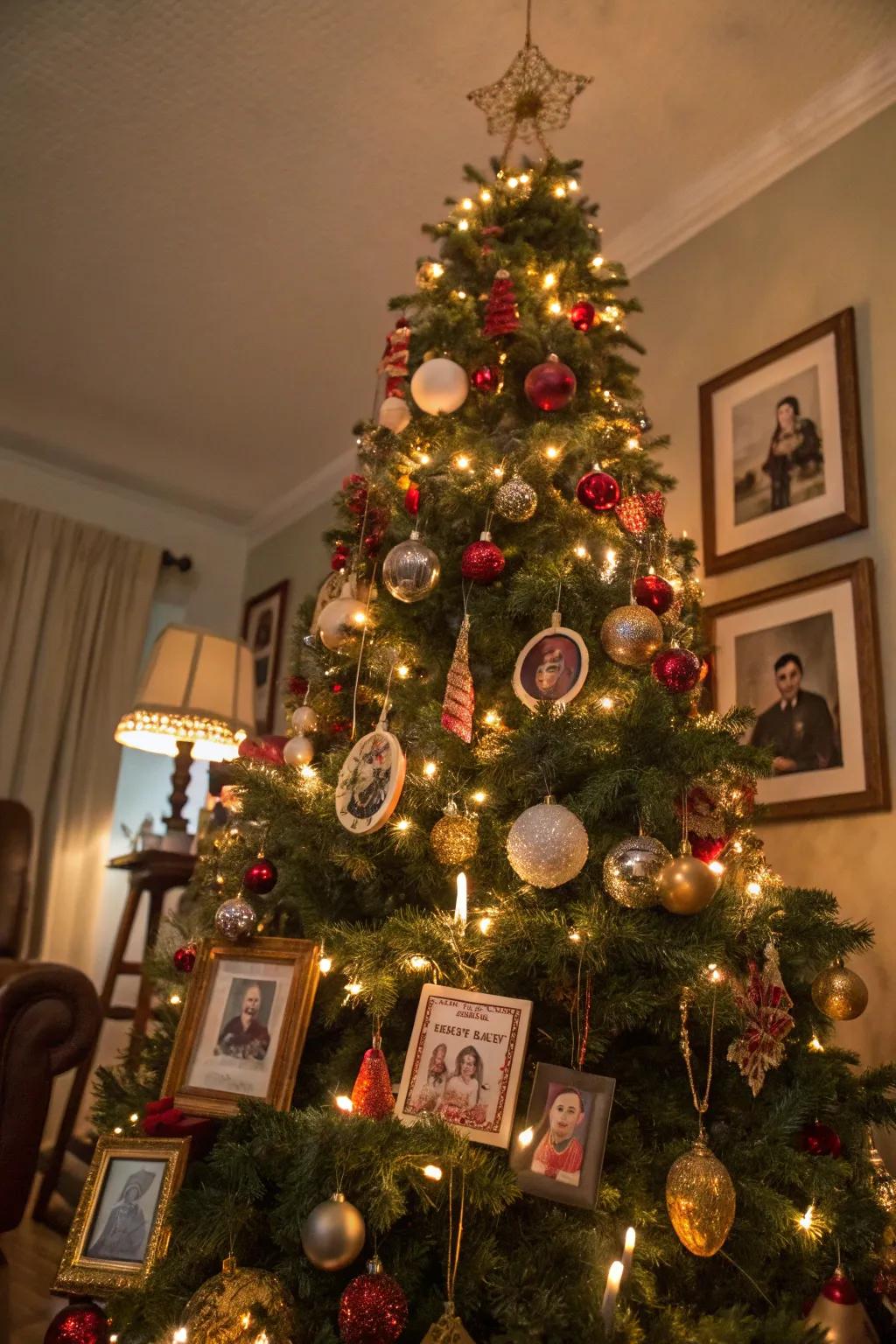 A tree ornamented with cherished family decorations.