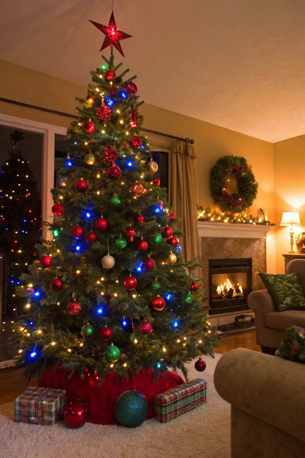 A vibrant Christmas tree showcasing audacious-colored ornaments and colored illuminations, forging a spirited holiday scene.