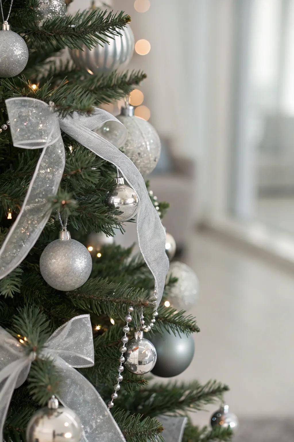 A Christmas tree with a monochrome silver design, highlighting refinement and sophistication.