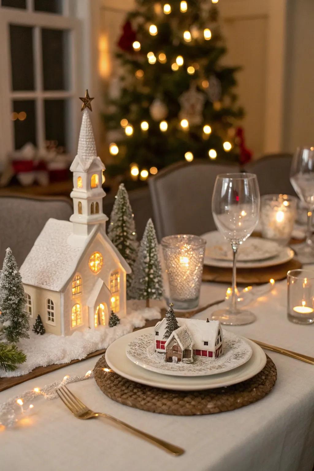 A centerpiece village enriches holiday gatherings with festive cheer.