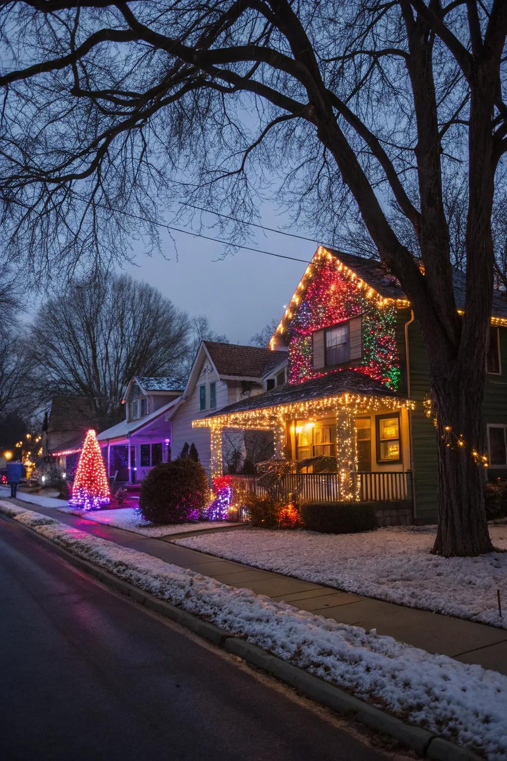 A house glowing with vibrant rainbow celebration lights.