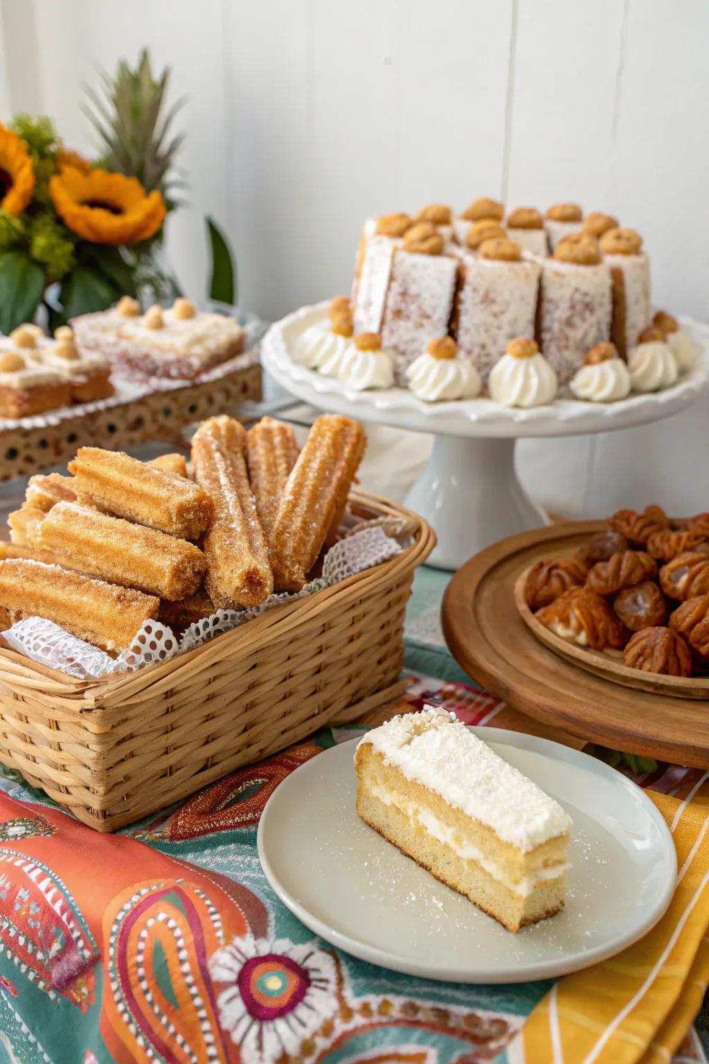 Delicious Mexican pastries such as churros and tres leches cake.