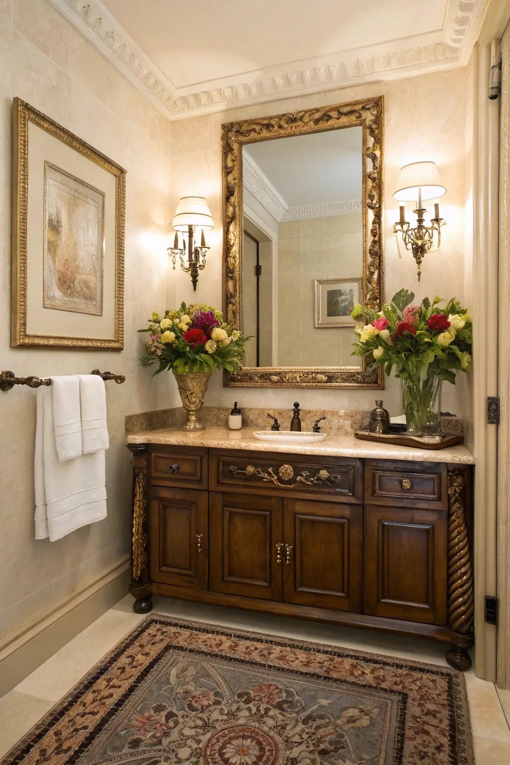 Ageless decorations such as elaborate looking glasses and traditional artwork.