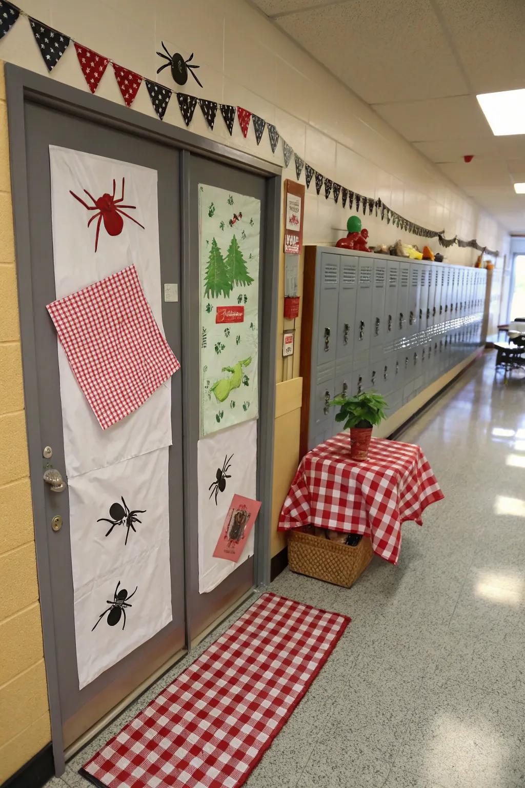 An al fresco-themed learning space doorway showcasing fabrics and playful formicidae.