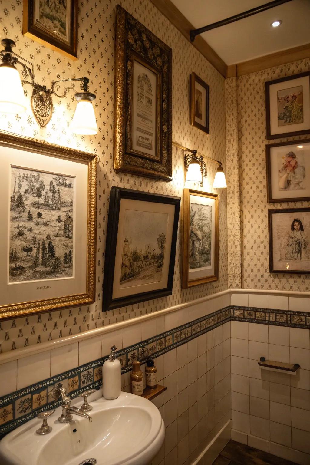 A bathroom presenting past era-inspired prints in elaborate frames for a classic look.