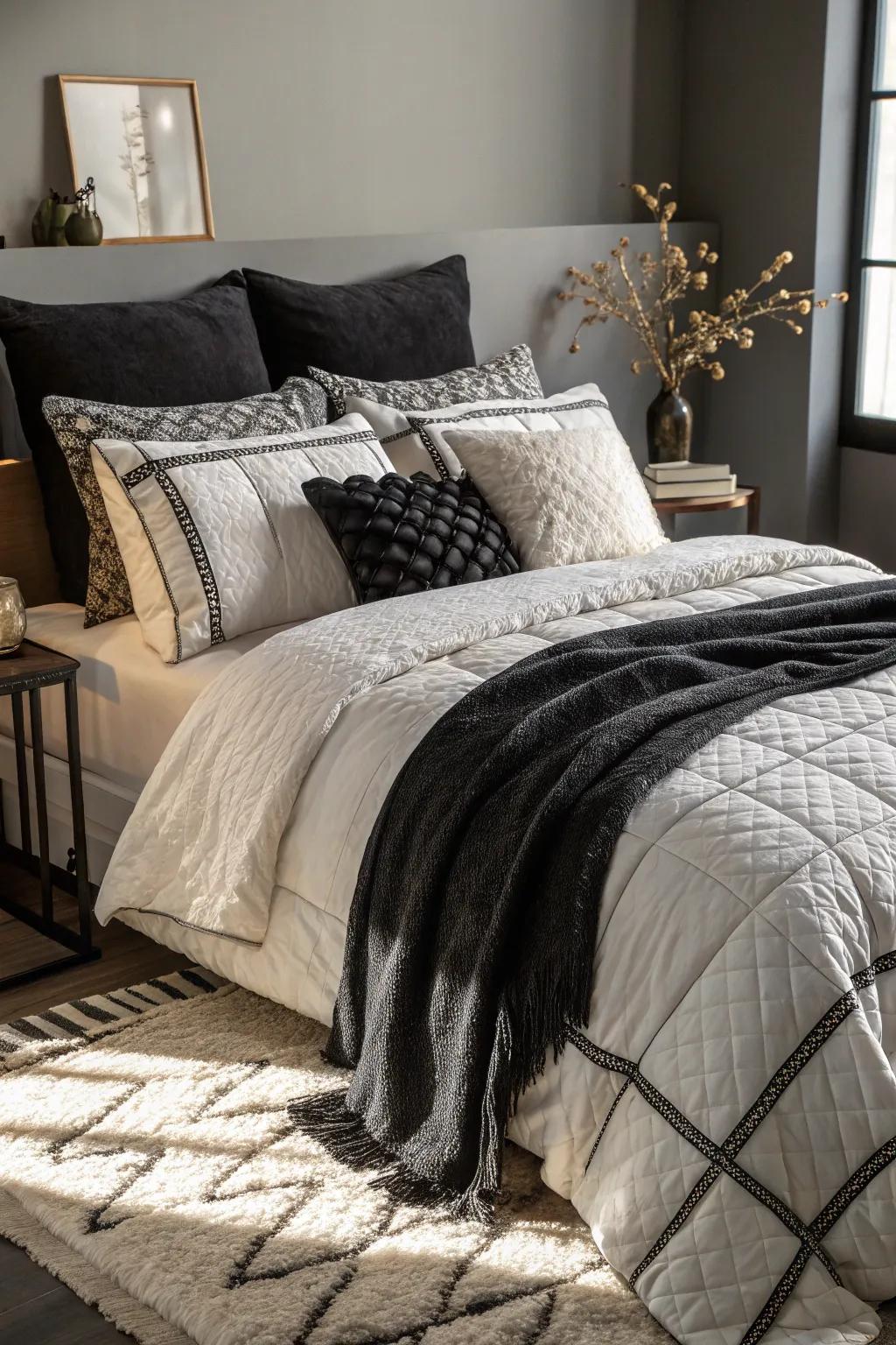 Layered bedding offers a cozy and inviting aesthetic.