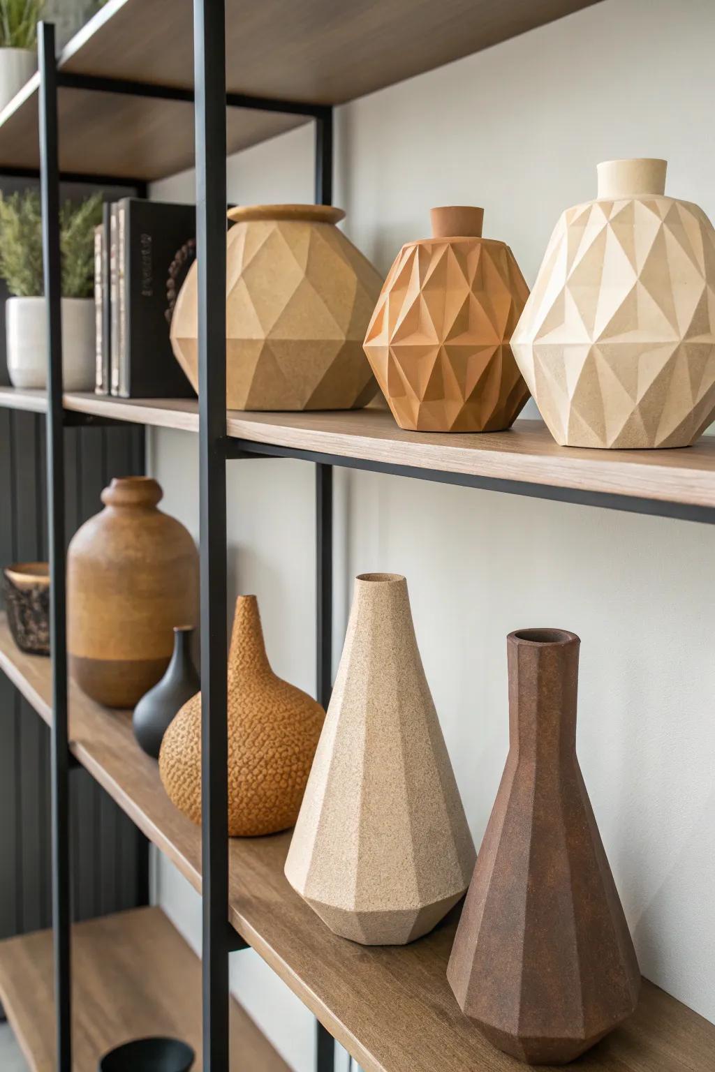 Earthenware flower holders that feature geometrical configurations, delivering contemporary stylishness to a current area.