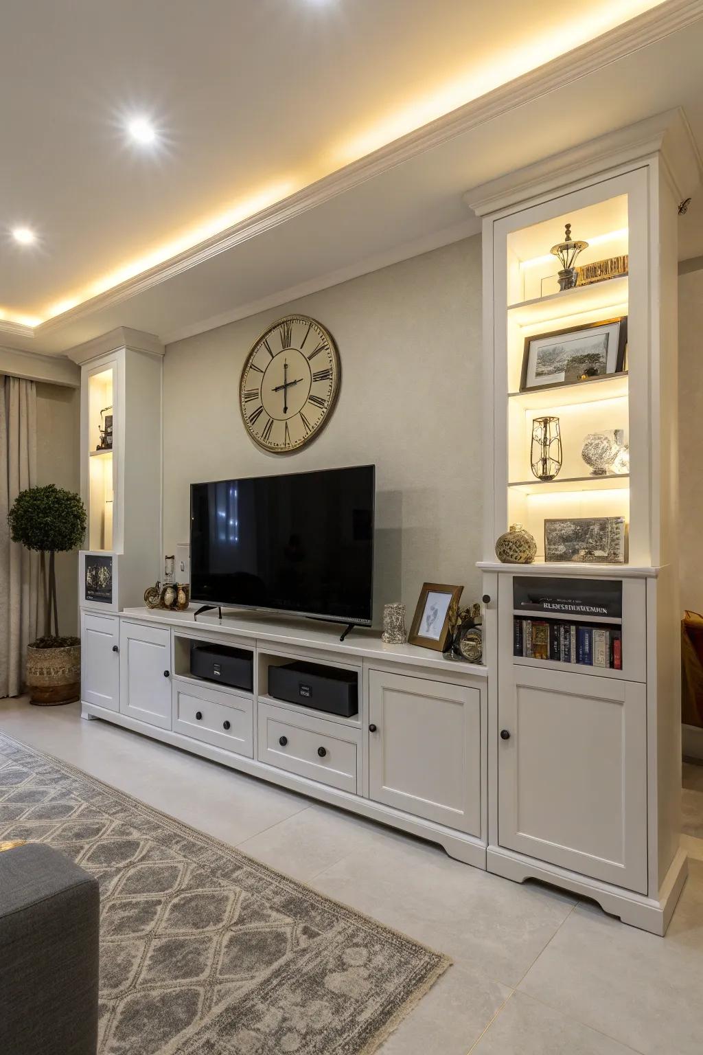 Integrated storage keeps electronics concealed while sustaining a clean aesthetic.