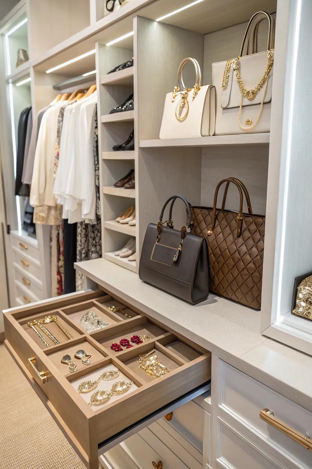 Display stowage transforms accessories into elements of decor.