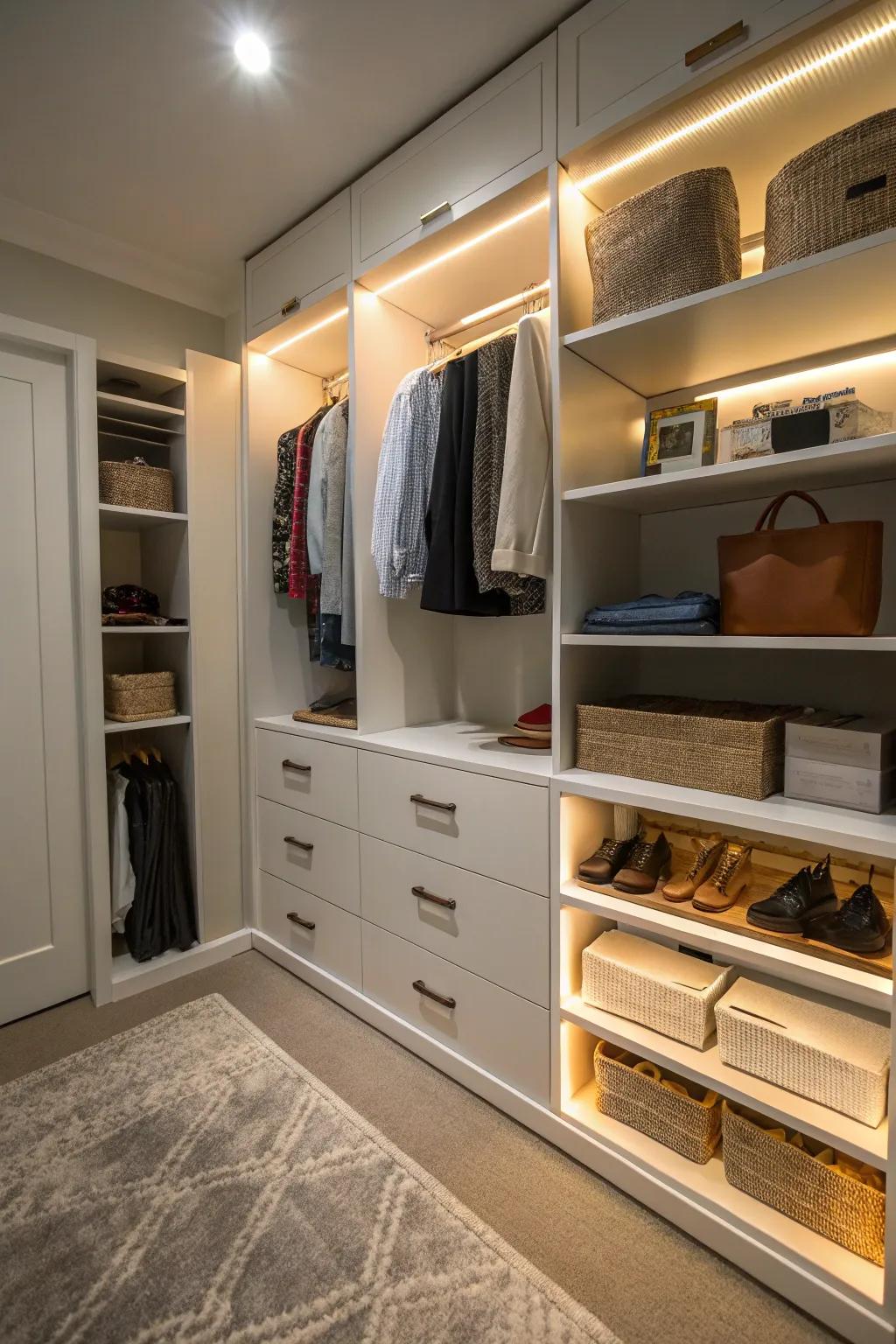 Lower-cabinet lights boost visibility and accessibility within your closet.