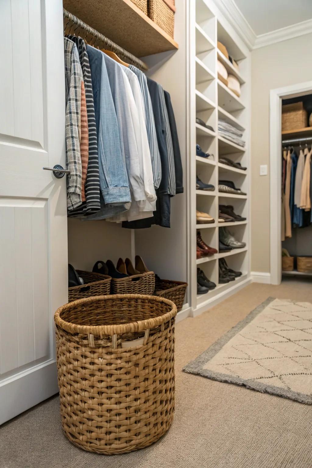 A catch-all basket effortlessly helps maintain a tidy closet.