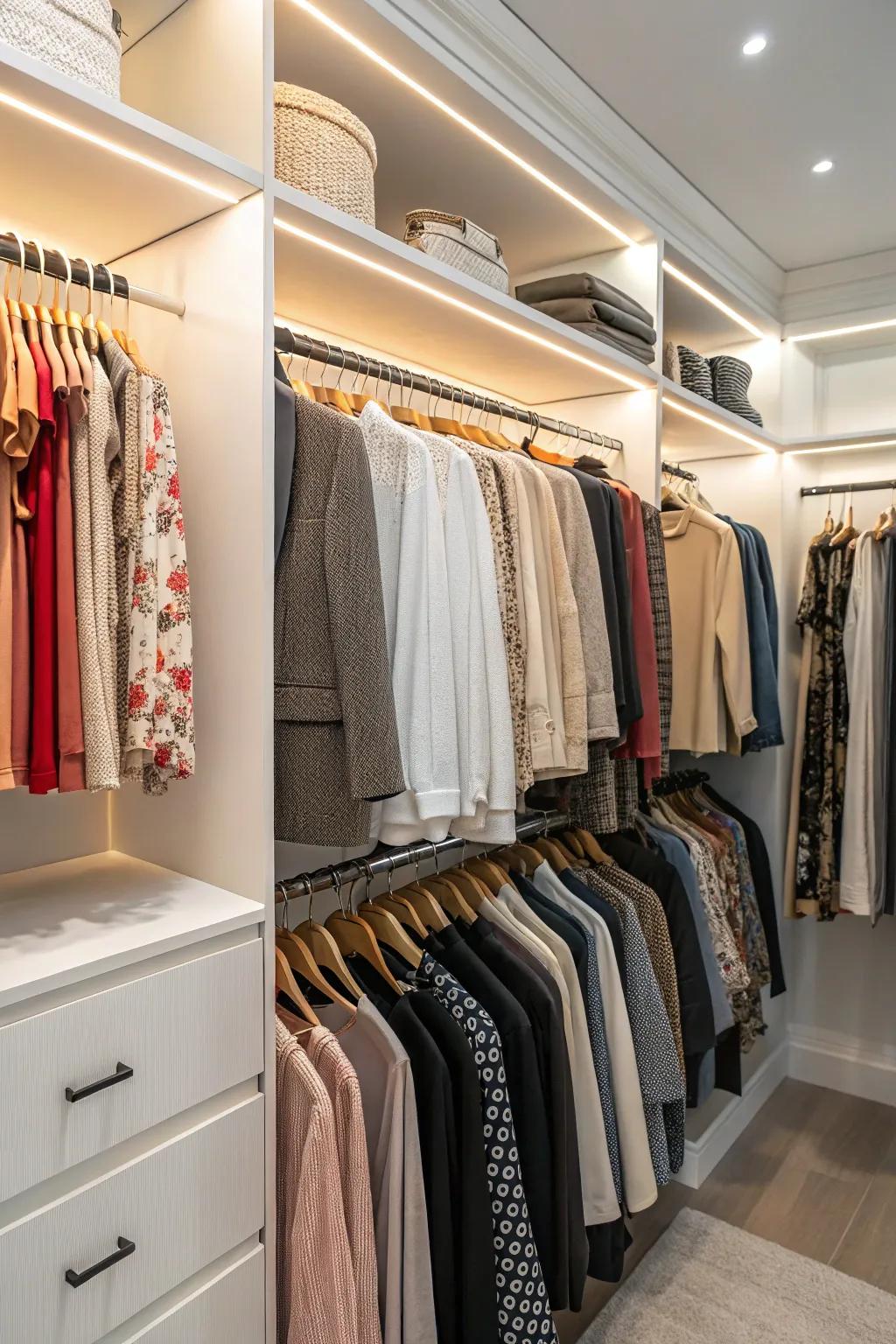 Tiered hangers effectively double the hanging capacity in a limited area.