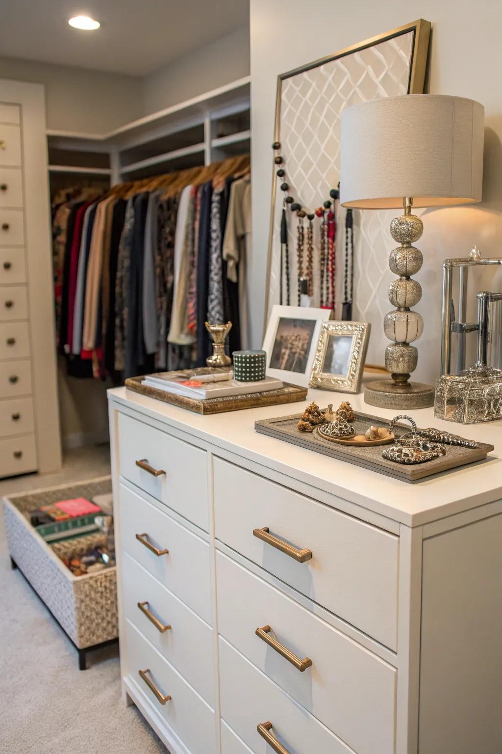 A short dresser providing dual functions within the closet.