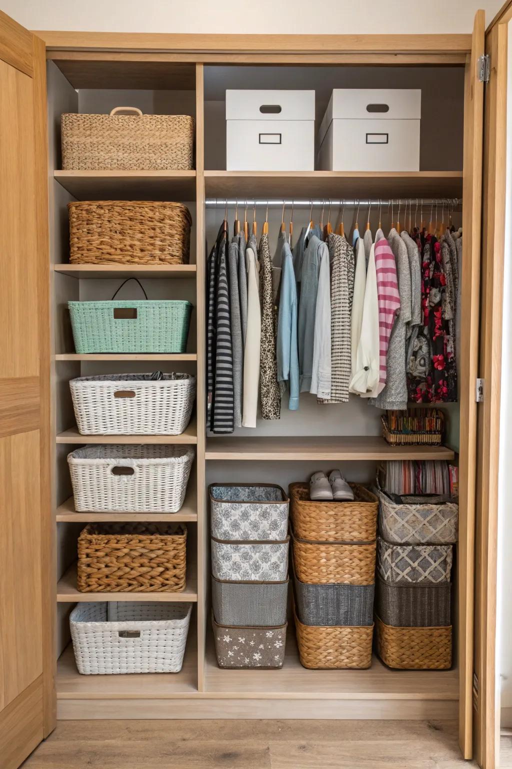 Baskets and bins are both practical and stylish for storage.