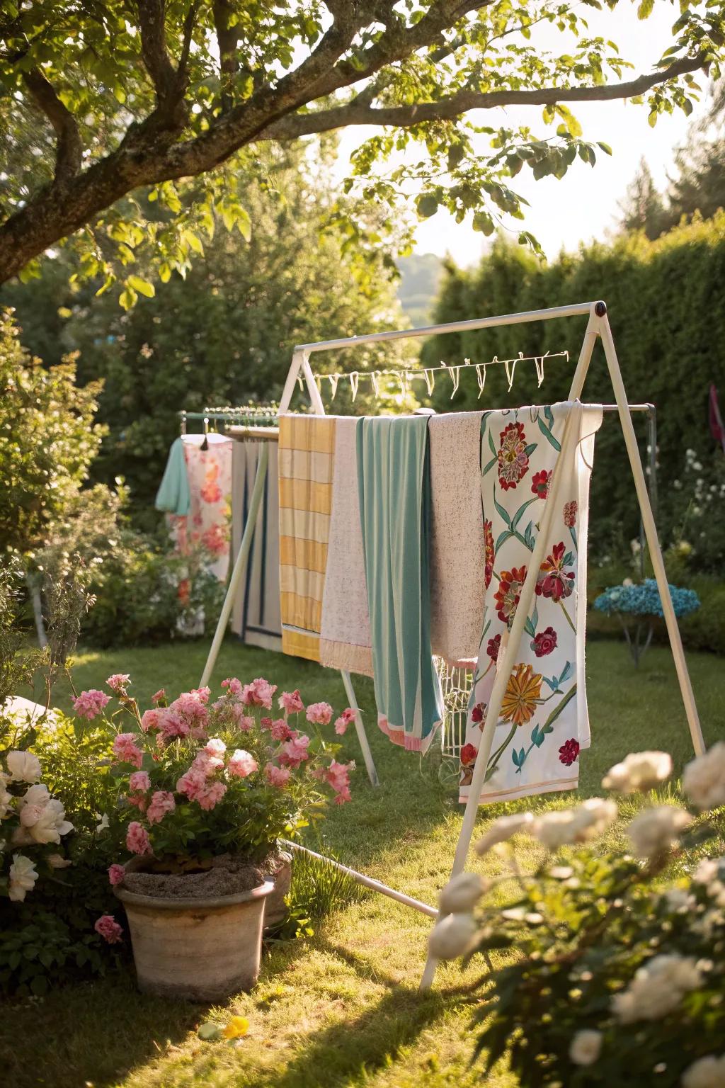 A vintage-inspired portable clothesline adds charm to this garden.