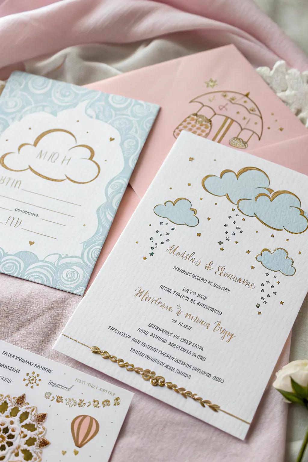Sky-themed invitations offer a preview into the dreamy baby shower theme.