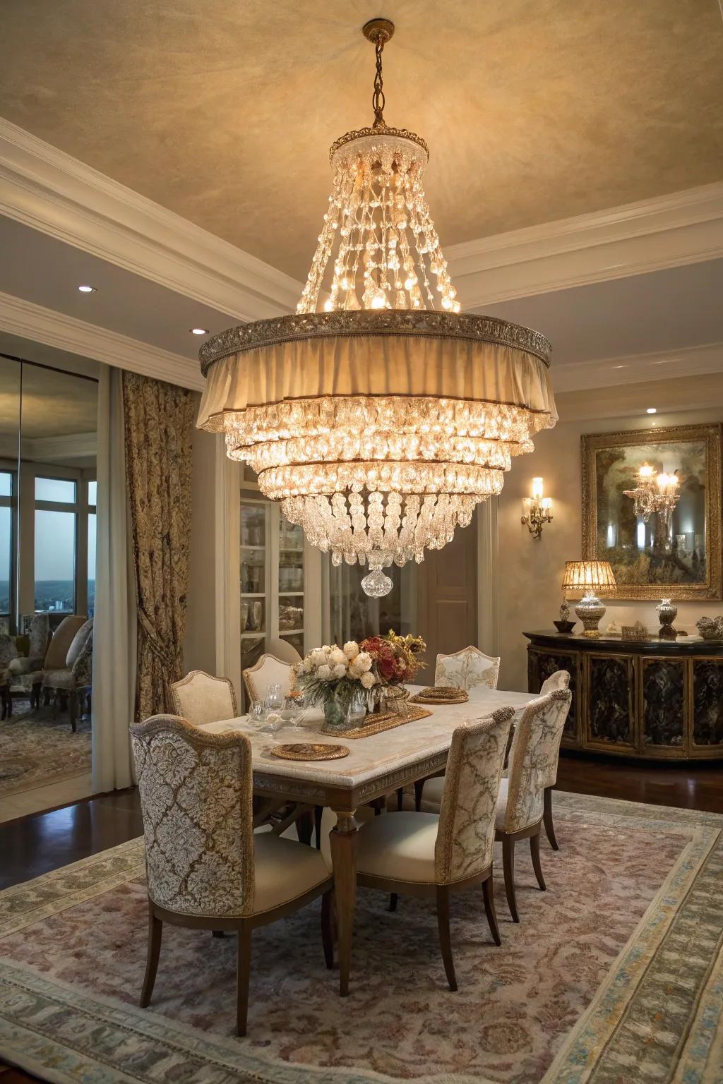 A statement chandelier with shells adds a touch of coastal elegance.