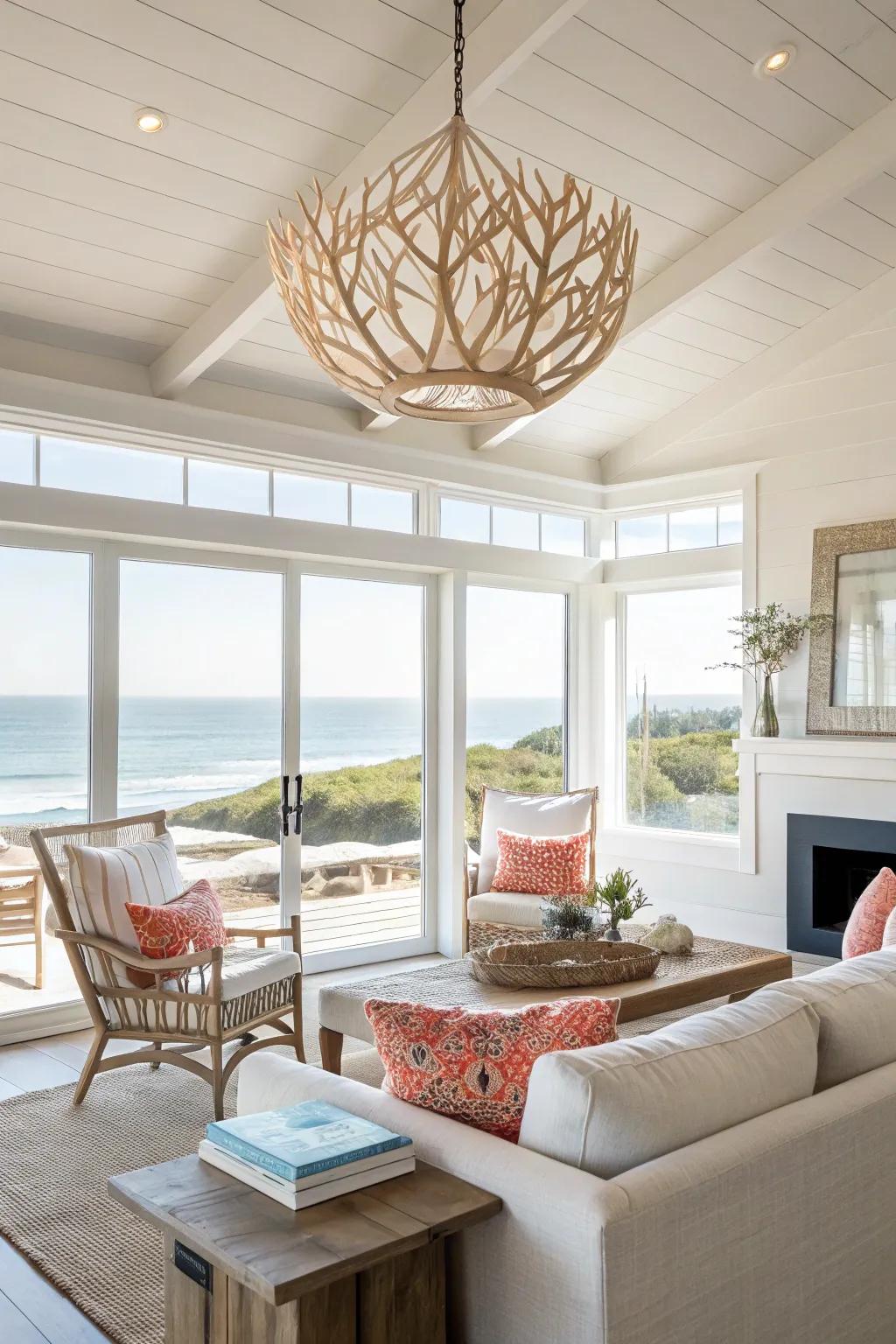 Coral-themed decor pulls the ocean's charm indoors.