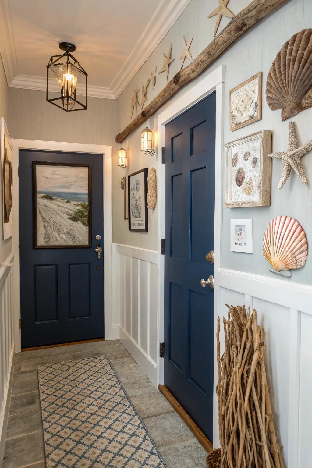 Nautical navy lends sophistication to coastal themes.
