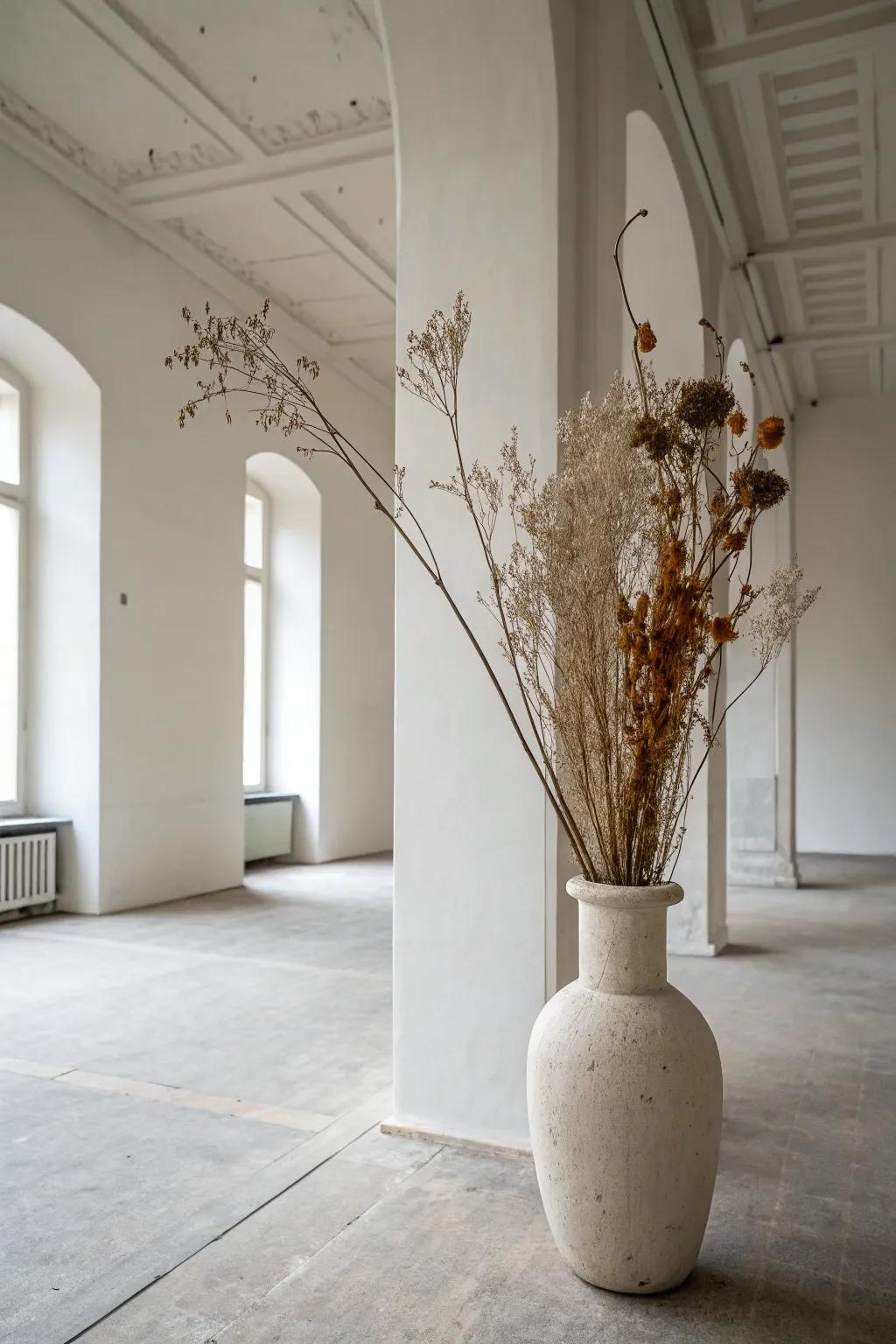 A minimalist decor setup with a simple vase and dried flowers.