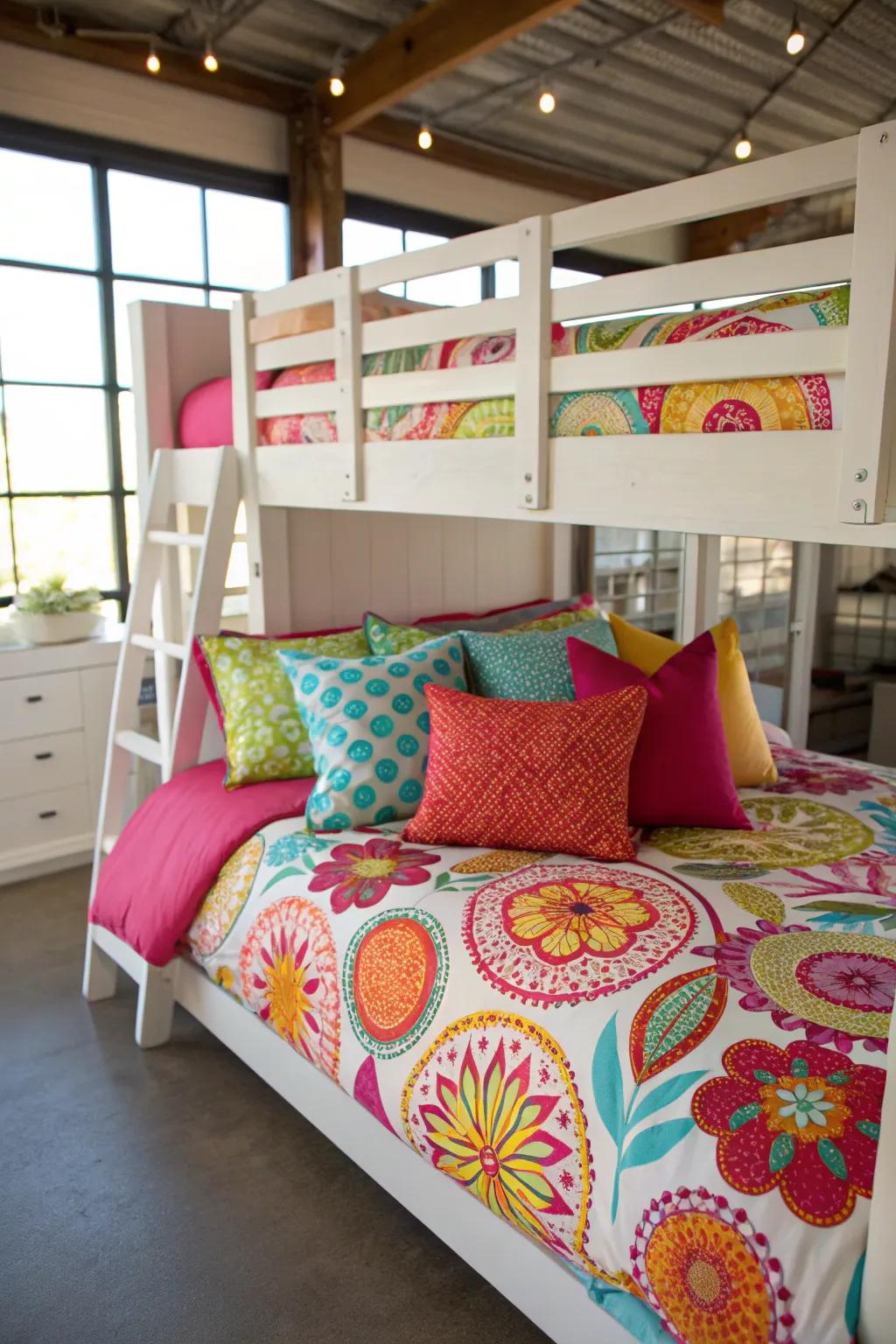 Bright bedding adds vitality and character to your high sleeper.