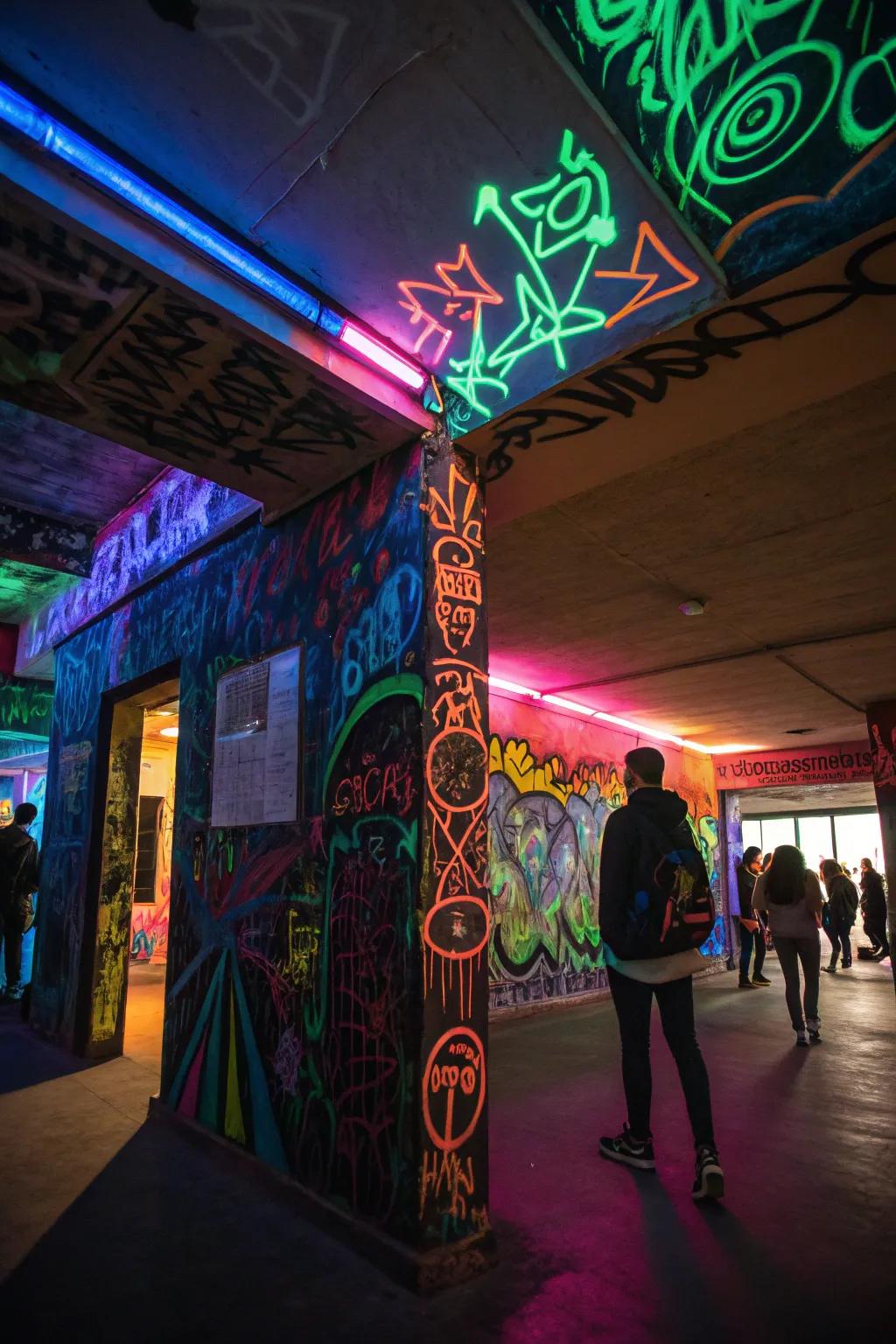 A room energized by eye-catching fluorescent graffiti art.