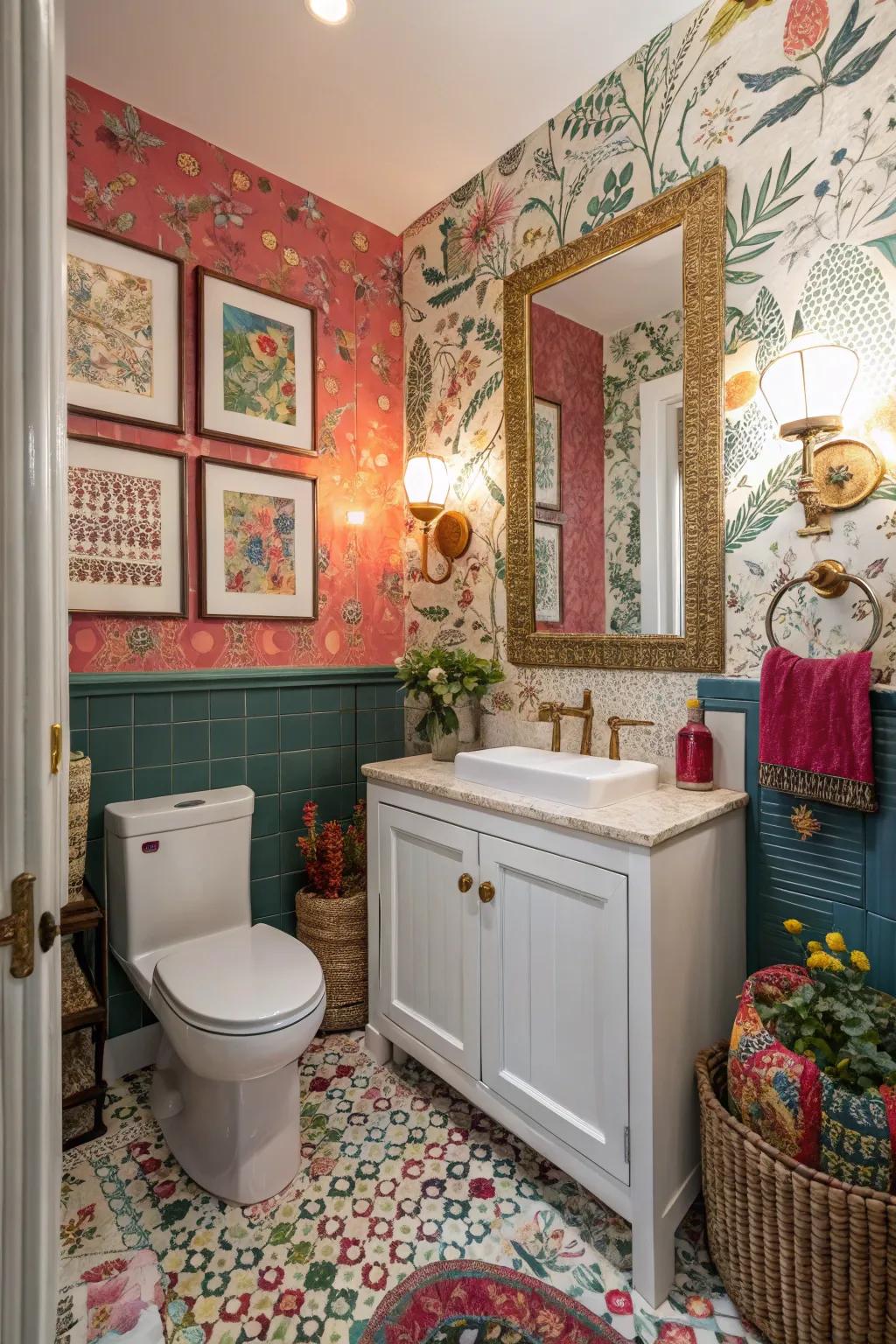 An eclectic fusion of styles forges a personalized powder room.