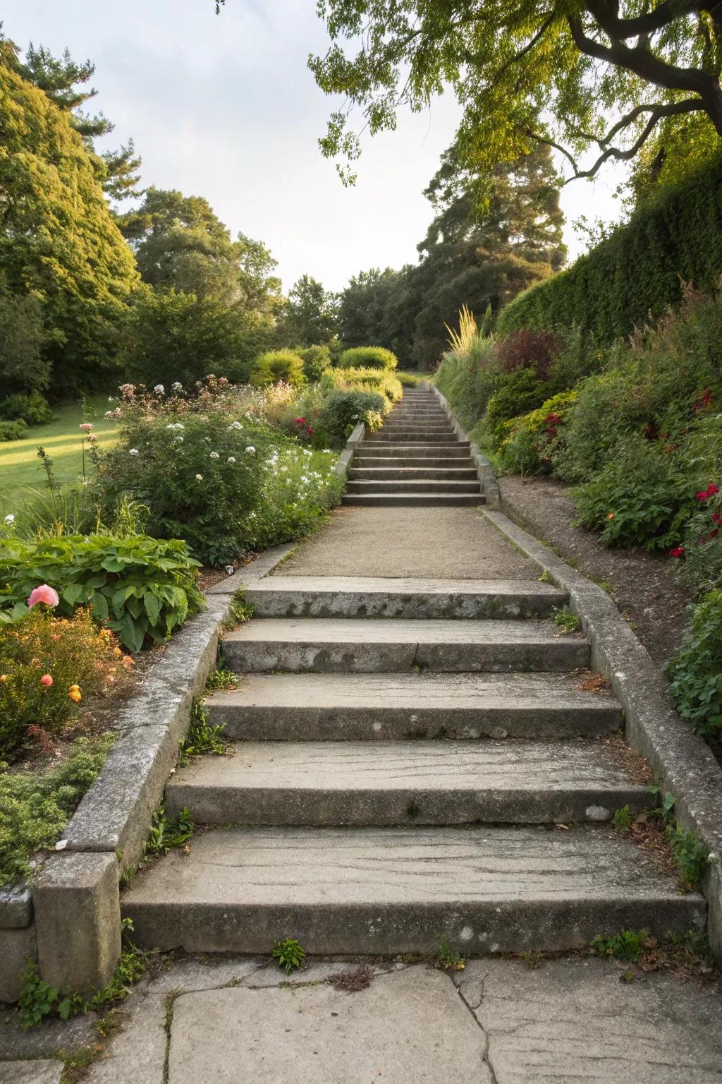 Seamless flow from steps to walkway.