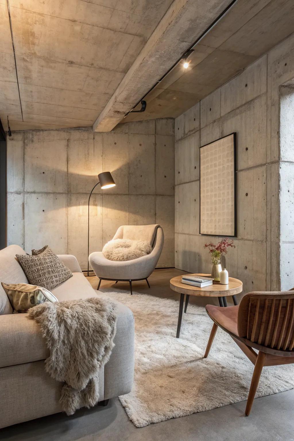 Neutral tones harmonize beautifully with concrete features.