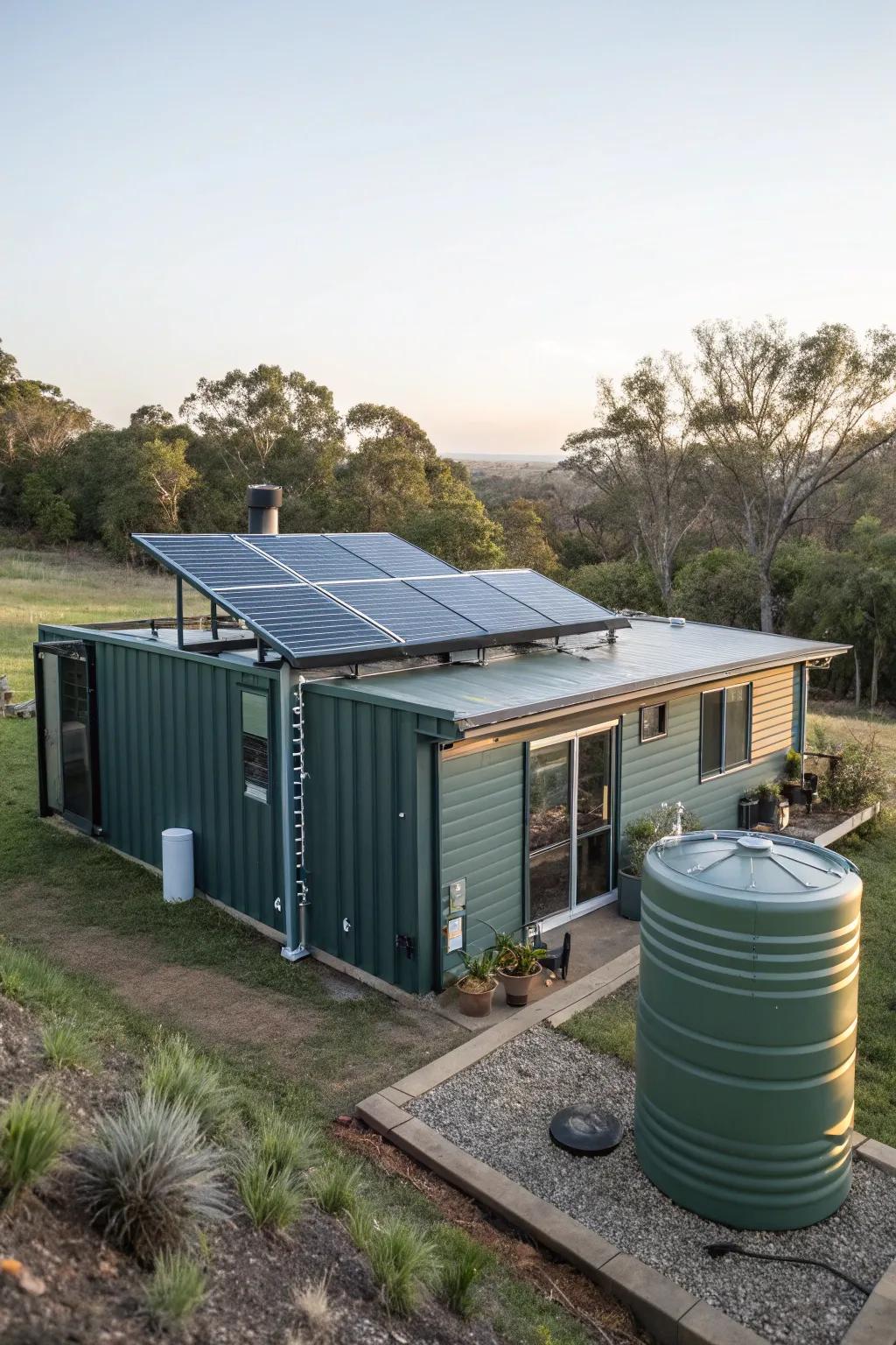 Eco-friendly features like solar panels enhance this container house.