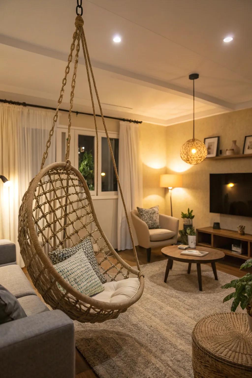 A suspended seat introduces a whimsical accent to this chic living space.