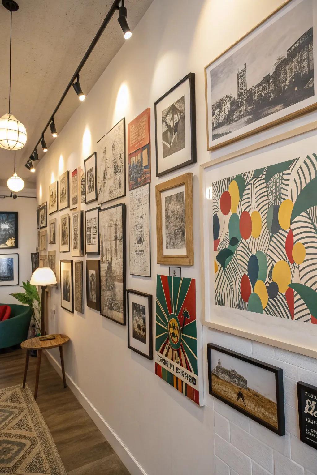 Mix different art styles for an eclectic wall display.