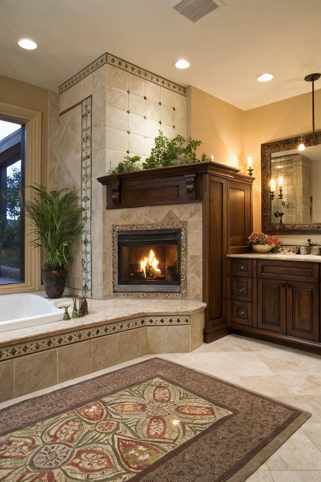 A corner flame-place creates warmth and style in the washroom.