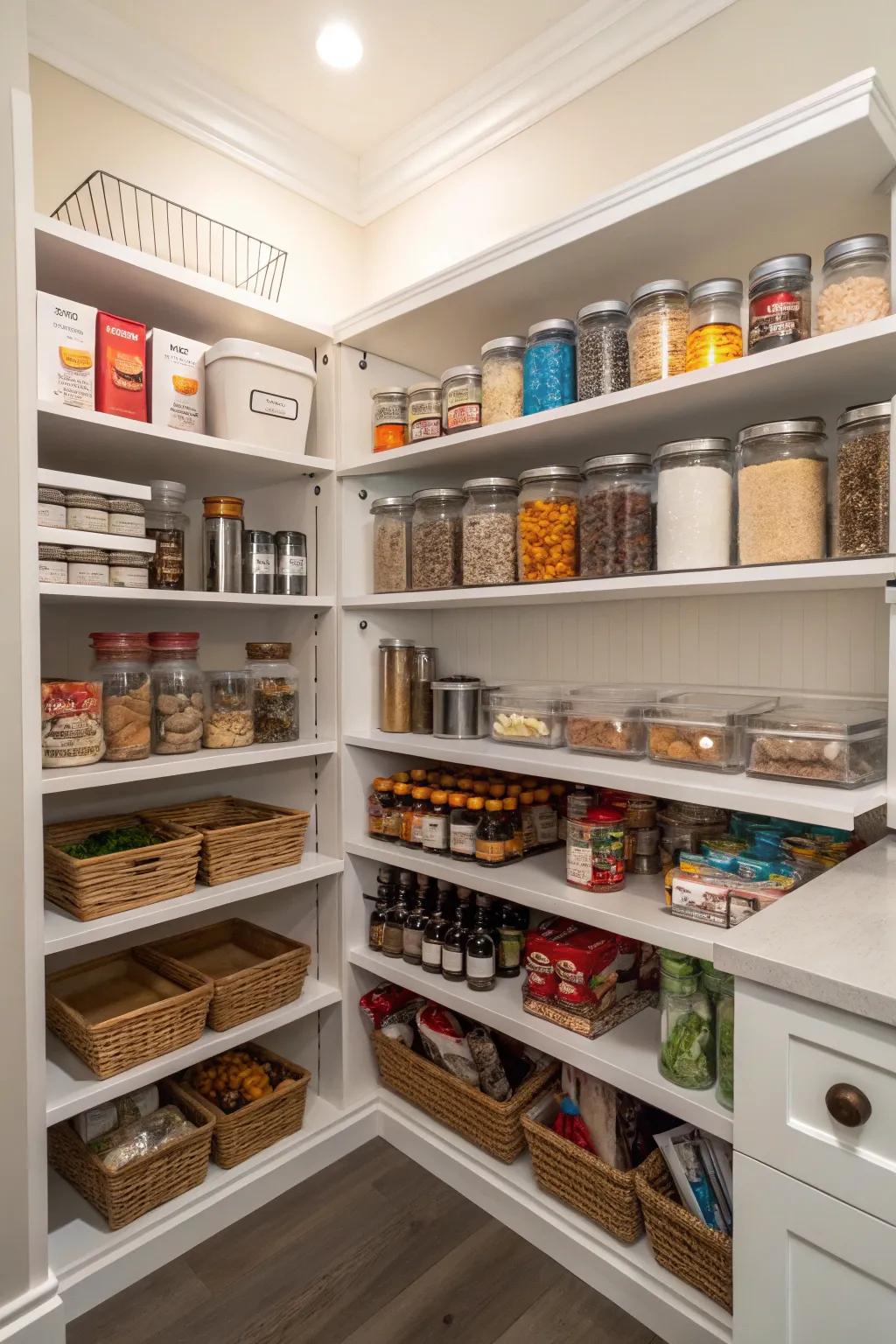 A corner pantry featuring well-organized segmented sections.