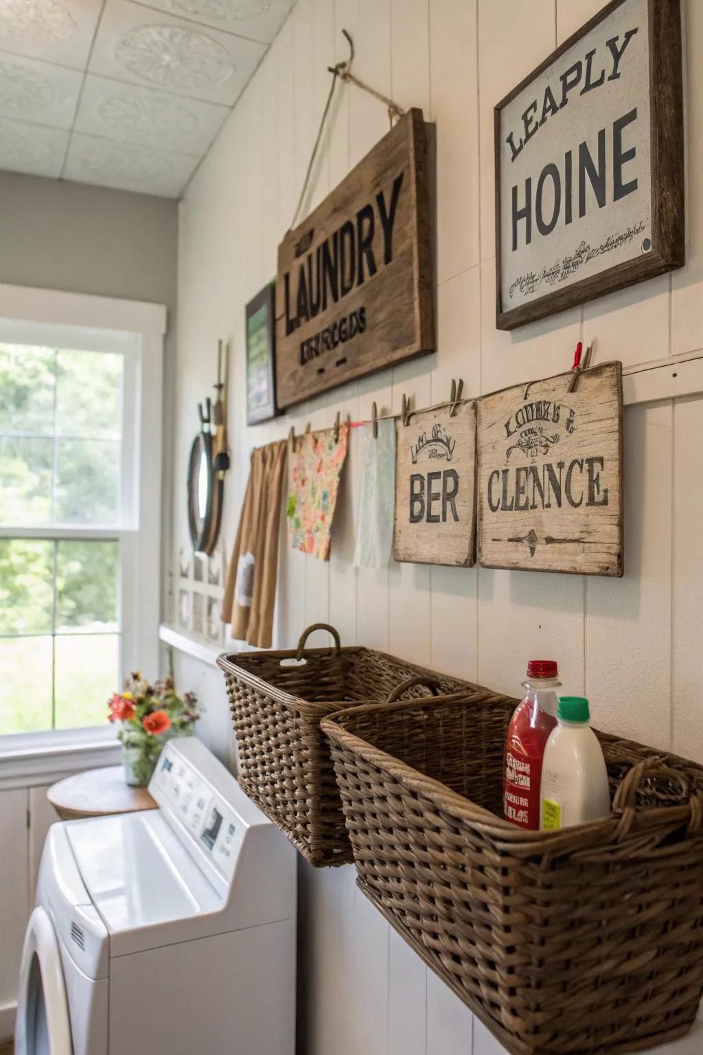 Artistic signage incorporates an individual touch to your laundry space.