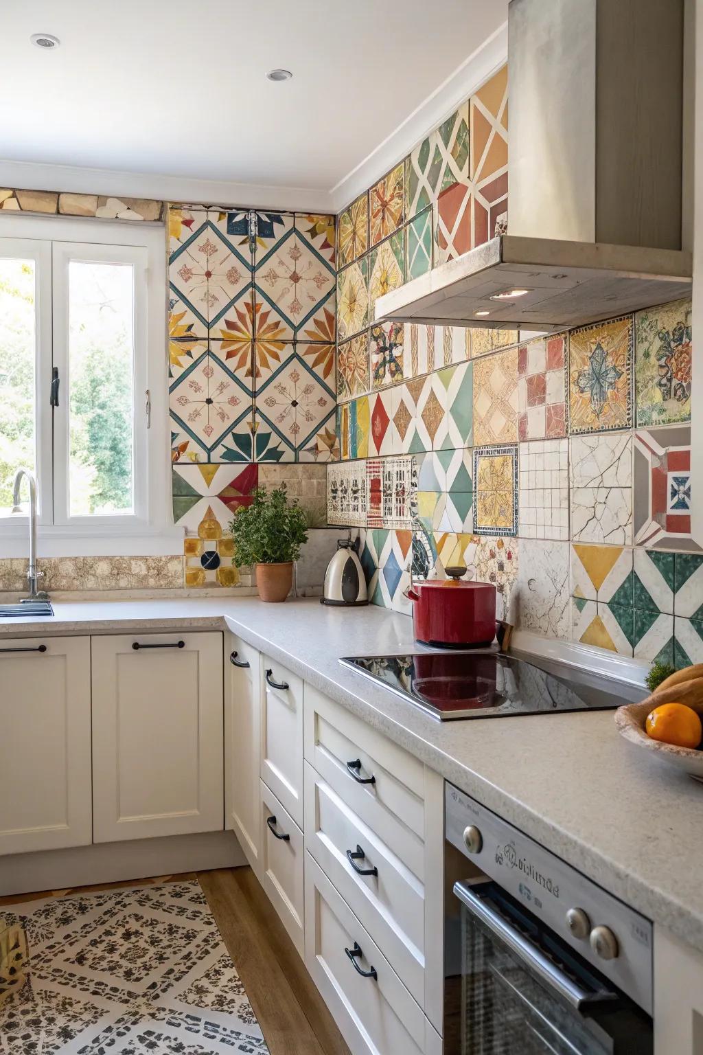 Geometric patterns make kitchen backsplashes into artistic centerpieces.