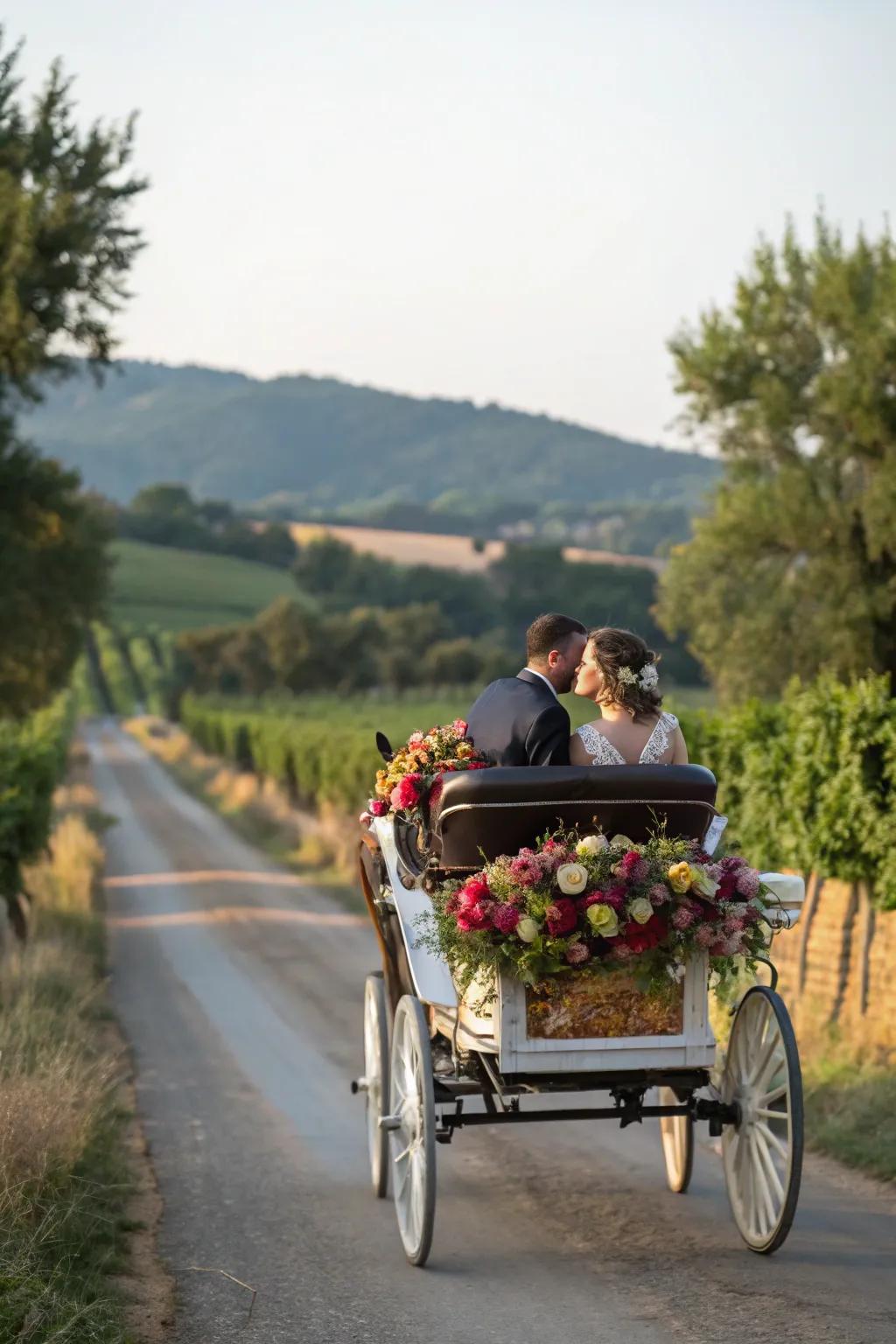 A passionate equine-pulled vehicle for a rural nuptial.