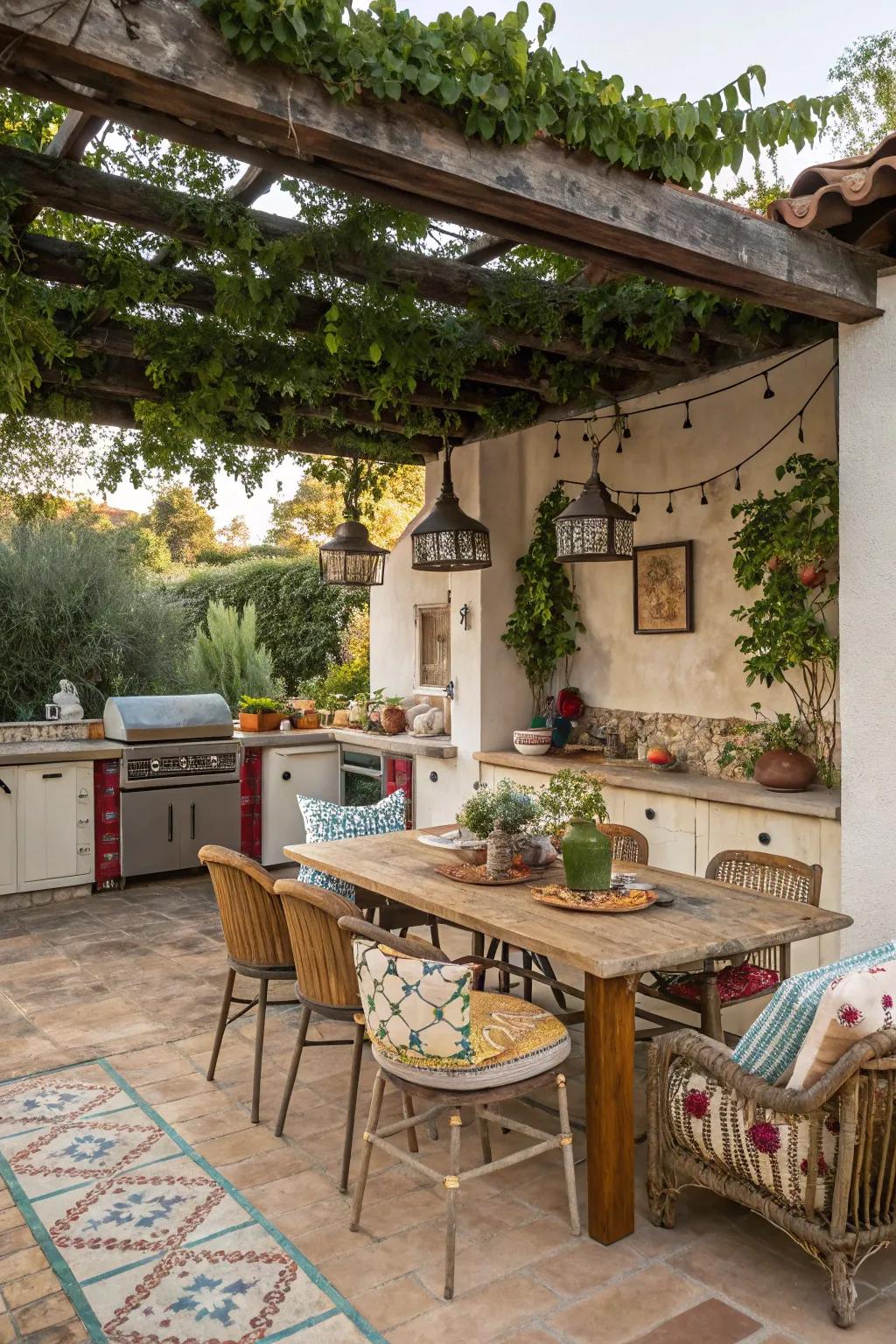 A vintage-inspired outdoor kitchen with eclectic touches and charm.