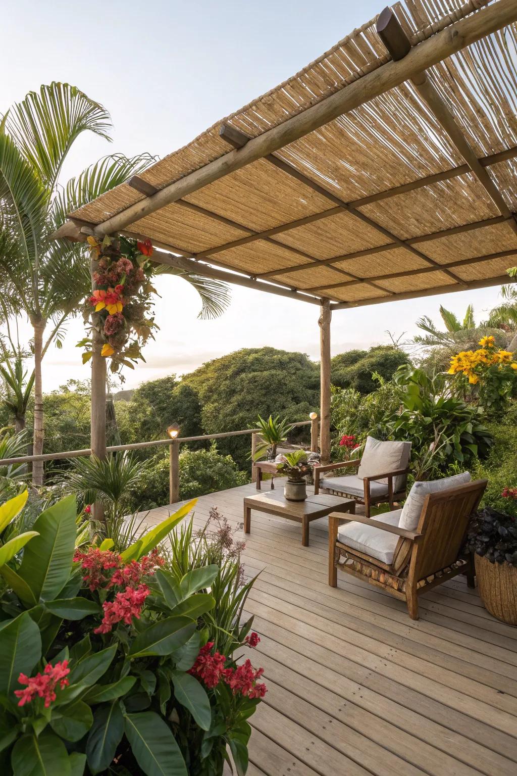 An exotic bamboo-covered deck for a tropical vibe.